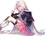  1girl blue_eyes closed_mouth expressionless from_side grey_hair hair_between_eyes hand_up highres ia_(vocaloid) kanekiru kneehighs legs_together long_hair messy_hair mismatched_legwear off_shoulder pink_skirt pleated_skirt profile single_kneehigh single_thighhigh sitting skirt solo thigh-highs very_long_hair vocaloid 