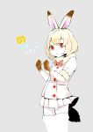  1girl absurdres animal_ears bow bowtie bunny_tail fur_trim gloves grey_background highres japari_symbol kemono_friends mountain_hare_(kemono_friends) rabbit_ears red_eyes simple_background solo sunagawa383 tail thigh-highs upper_body white_hair 