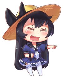  1girl =_= black_hair black_ribbon blue_dress blush chibi commentary dress fang hat iowa_(pacific) kantai_collection laughing long_hair mole mole_under_eye pacific pointing puffy_short_sleeves puffy_sleeves ribbon ribbon-trimmed_legwear ribbon_trim sailor_dress short_sleeves sima_naoteng sun_hat tears very_long_hair white_legwear wrist_ribbon 