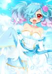  1girl bare_shoulders blue_hair blush bow breasts cleavage day dress fang fire_emblem fire_emblem_heroes fire_emblem_if flower gloves hair_flower hair_ornament hair_over_one_eye hairband long_hair momosemocha multicolored_hair open_mouth petals pieri_(fire_emblem_if) pink_hair red_eyes sky solo sparkle sun twintails two-tone_hair wedding_dress 
