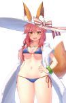  1girl :d animal_ears arm_at_side bad_id bad_pixiv_id bangs bare_shoulders bikini blue_bikini blush bow bracelet breasts cleavage collarbone cowboy_shot ears_through_headwear fangs fate/extra fate_(series) fox_ears fox_tail hair_tie hand_on_hip hat hat_bow highres jewelry long_hair looking_afar low-tied_long_hair medium_breasts narynn navel necklace open_mouth pendant side-tie_bikini simple_background smile solo standing stomach string_bikini striped striped_bow sun_hat swimsuit tail tamamo_(fate)_(all) tamamo_no_mae_(swimsuit_lancer)_(fate) towel tsurime white_background white_hat 