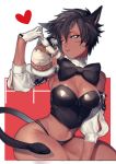  1girl animal_ears black_bow black_bowtie black_hair blue_eyes bow bowtie breasts cat_ears cleavage dark_skin detached_collar detached_sleeves dotsuco final_fantasy final_fantasy_xiv gloves heart highres looking_to_the_side midriff miqo&#039;te navel panties parted_lips puffy_sleeves short_hair simple_background tail underwear white_gloves 