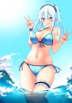  &gt;:d 1girl :d absurdres ahoge bangs bikini blue_bikini blue_eyes blue_hair blush breasts cleavage collarbone day double_v hair_between_eyes hands_up highres large_breasts leg_garter looking_at_viewer matsunoki_(unknown_751) navel ocean open_mouth original outdoors side-tie_bikini smile solo standing swimsuit thighs v wading 