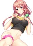  1girl blush breasts brown_eyes brown_hair cocona_(coconacafe) hair_ornament hair_scrunchie hands_up highres hinako_note large_breasts long_hair looking_at_viewer low_twintails navel open_mouth panties panties_around_leg sakuragi_hinako scrunchie shirt_lift simple_background solo teeth twintails underwear white_background 