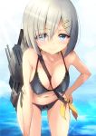  1girl absurdres bent_over between_breasts blue_eyes blush breasts cleavage erect_nipples eyes_visible_through_hair hair_ornament hair_over_one_eye hairclip hamakaze_(kantai_collection) highres kantai_collection karaage_bou leaning_forward looking_at_viewer machinery medium_breasts navel short_hair silver_hair smile solo standing strap swimsuit 