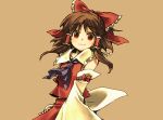  1girl brown_hair detached_sleeves hair_ribbon hair_tubes hakurei_reimu looking_at_viewer mecco neckerchief nontraditional_miko red_eyes ribbon sailor_collar short_hair smile solo tan_background touhou wide_sleeves 