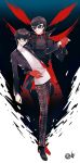  black_hair brown_hair closed_eyes dual_persona glasses gloves highres kurusu_akira male_focus mask persona persona_5 school_uniform selfcest short_hair smile yaoi 