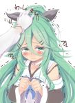  1girl admiral_(kantai_collection) bangs black_bow black_serafuku blush bow clenched_hands commentary_request detached_sleeves gloves green_eyes green_hair hair_between_eyes hair_bow hair_ornament hairclip hand_on_another&#039;s_head highres kantai_collection long_hair looking_away mogera81 motion_lines neckerchief parted_bangs petting school_uniform serafuku simple_background sketch solo_focus tears trembling white_background white_gloves yamakaze_(kantai_collection) 