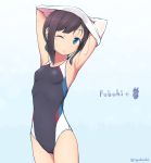  1girl alternate_costume arms_up black_hair blue_eyes breasts character_name competition_swimsuit covered_navel eyebrows_visible_through_hair fubuki_(kantai_collection) gradient gradient_background highres kantai_collection mumyoudou one-piece_swimsuit one_eye_closed ponytail small_breasts solo swimsuit wet 