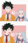  1boy 1girl :d ^_^ akiyama_(noconoco) blush boku_no_hero_academia buttons closed_eyes closed_mouth collared_shirt commentary_request eri_(boku_no_hero_academia) eyelashes forehead freckles frown green_eyes green_hair grey_hair highres horns jacket long_hair looking_at_another looking_at_viewer looking_to_the_side midoriya_izuku open_mouth orange_jacket parted_bangs pink_background red_eyes serious shirt short_hair simple_background single_horn smile suspenders teeth two-tone_background upper_body upper_teeth_only v-shaped_eyebrows white_background white_shirt wing_collar 