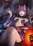  1girl :d breasts enosan fang fate/grand_order fate_(series) highres horns japanese_clothes kimono lantern obi oni_horns open_mouth paper_lantern purple_hair purple_kimono revealing_clothes sash shuten_douji_(fate/grand_order) sitting small_breasts smile solo thighs violet_eyes 