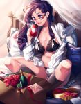  1girl bed belly blue_eyes breasts cleavage earrings flower glasses highres humanization jewelry long_hair looking_down loyproject medium_breasts my_little_pony my_little_pony_friendship_is_magic navel package parted_lips purple_hair rarity rose sitting smile solo sunlight thighs violet_eyes 