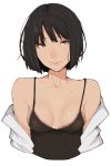  1girl arms_at_sides bangs black_hair blee blue_eyes blush breasts closed_mouth collarbone cropped_torso eyebrows_visible_through_hair grey_background light_smile looking_at_viewer medium_breasts mole mole_on_breast original short_hair simple_background smile solo upper_body 
