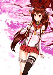  1girl brown_eyes brown_hair cherry_blossoms detached_sleeves flower hair_flower hair_ornament headgear highres kantai_collection light_blush long_hair miniskirt oriental_umbrella ponytail profnote single_thighhigh skirt smile solo thigh-highs thigh_strap umbrella very_long_hair yamato_(kantai_collection) zulu_(naval_flag) 