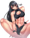 1girl abs artist_name bare_shoulders barefoot black_hair bowalia breasts cleavage_cutout commentary feet_together fingerless_gloves gloves hand_on_hip long_hair looking_at_viewer midriff muscle muscular_female navel original parted_lips short_shorts shorts sitting sleeveless sleeveless_turtleneck solo spread_legs tomboy turtleneck unzipped violet_eyes white_background