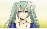  1girl eyebrows_visible_through_hair flower green_eyes green_hair hair_flower hair_ornament hatsune_miku long_hair looking_at_viewer pink_flower smile solo suzunosuke_(sagula) twintails upper_body very_long_hair vocaloid 
