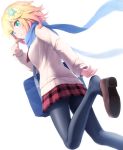  1girl :t aqua_eyes bag black_legwear blonde_hair blue_scarf blush cardigan chisaki_tapris_sugarbell commentary_request eating eyebrows_visible_through_hair feet flower from_behind from_below gabriel_dropout hair_flower hair_ornament haribote_(tarao) looking_back pantyhose plaid plaid_skirt pleated_skirt scarf school_bag school_uniform shoe_dangle short_hair simple_background skirt solo white_background 