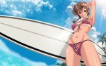  1girl armpits bikini bikini_tan bracelet braid breasts breasts_apart brown_hair clouds day front-tie_top gluteal_fold green_eyes hand_on_own_head happoubi_jin highres hip_bones jewelry kuouzumiaiginsusutakeizumonokamimeichoujin_mika large_breasts looking_at_viewer navel resort_boin skindentation sky smile solo surfboard swimsuit tan tanline twin_braids 