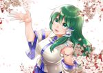  1girl breasts cherry_blossoms cowboy_shot detached_sleeves flower green_eyes green_hair hair_ornament hair_tubes kochiya_sanae looking_up nora_wanko open_mouth petals sarashi smile snake_hair_ornament solo touhou white_background 