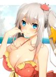  1girl alternate_breast_size bikini blue_eyes blush breasts cleavage crab fate/grand_order fate_(series) frilled_bikini frills kujiran large_breasts long_hair looking_at_viewer marie_antoinette_(fate/grand_order) marie_antoinette_(swimsuit_caster)_(fate) red_bikini silver_hair smile solo swimsuit twintails 