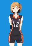  1girl arms_behind_back bangs blee blonde_hair blue_background blush breasts closed_mouth cowboy_shot eyebrows_visible_through_hair haikyuu!! highres legs_apart looking_at_viewer medium_breasts orange_eyes side_ponytail simple_background smile solo sportswear volleyball_uniform yachi_hitoka 