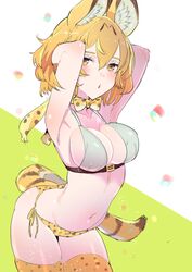  1girl alternate_breast_size alternate_costume animal_ears animal_print arched_back armpits arms_behind_head arms_up bare_arms bare_shoulders bikini blonde_hair bow bowtie breasts cleavage collarbone contrapposto cowboy_shot elbow_gloves gloves hair_between_eyes kemono_friends large_breasts leaning_forward leopard_print light_brown_eyes looking_at_viewer open_mouth serval_(kemono_friends) serval_ears serval_print serval_tail short_hair sideboob sketch solo striped_tail swimsuit tail tajima_ryuushi thighhighs thighs yellow_legwear 