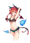  1girl alternate_costume animal_ears armpits arms_behind_head bangs black_bra blue_fire bow bra breasts cat_ears cat_tail denim denim_shorts fang fire floating_skull hair_between_eyes hair_bow hips kaenbyou_rin looking_at_viewer medium_breasts multiple_tails navel one_eye_closed red_eyes redhead ribbon shiny shiny_hair short_shorts shorts simple_background sketch slit_pupils solo tail tetsurou_(fe+) thighs touhou twintails two_tails underwear waist white_background 