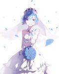  1girl blue_eyes blue_flower blue_hair blue_ribbon bouquet bridal_veil choker crying crying_with_eyes_open dress elbow_gloves flower gloves head_wreath highres holding holding_bouquet jewelry looking_at_viewer neck_ribbon petals re:zero_kara_hajimeru_isekai_seikatsu rem_(re:zero) ribbon ring short_hair simple_background sleeveless sleeveless_dress smile solo standing strapless strapless_dress tears veil wedding_dress wedding_ring white_background white_dress white_flower white_gloves 