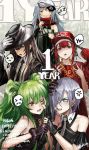  5girls anger_vein artist_name black_hair blue_eyes brown_hair cz-75_(girls_frontline) dress fighting fingerless_gloves formal g11_(girls_frontline) girls_frontline gloves green_hair hand_gesture hat infukun long_hair m950a_(girls_frontline) messy_hair mg5_(girls_frontline) microphone multiple_girls nz_75_(girls_frontline) red_eyes redhead short_hair silver_hair yellow_eyes 