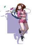  1girl alternate_costume bag blush boku_no_hero_academia book breasts brown_eyes brown_hair candy casual chewing_gum cleavage converse digital_media_player fellow floating food full_body hands_in_pockets headphones highres hood hoodie long_sleeves navel pen pink_shorts shoes short_shorts shorts simple_background sneakers solo uraraka_ochako white_background 