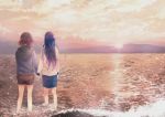  2girls bare_legs clouds hand_holding hood hoodie horizon long_hair medium_hair momono multiple_girls ocean original outdoors purple_hair shorts sky standing standing_on_liquid sunset water yuri 