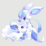  alolan_vulpix blue_eyes fang glaceon grey_background hand_on_another&#039;s_head hideko_(l33l3b) no_humans open_mouth pokemon simple_background 