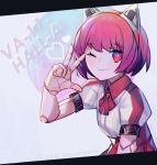  1girl android animal_ears commentary copyright_name dorothy_haze fake_animal_ears hairband kky looking_at_viewer neck_ribbon one_eye_closed pale_skin pixel_heart red_eyes red_ribbon redhead ribbon robot_joints short_hair smile solo twitter_username upper_body va-11_hall-a w 