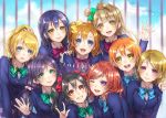  6+girls :d ;d ayase_eli black_hair blonde_hair blue_bow blue_bowtie blue_eyes blue_hair blue_jacket blush bow bowtie copyright_name eyebrows_visible_through_hair green_bow grin hair_bow hair_ornament hair_scrunchie hand_on_another&#039;s_shoulder high_ponytail hoshizora_rin jacket koizumi_hanayo kousaka_honoka lma long_hair looking_at_viewer love_live! love_live!_school_idol_project minami_kotori multiple_girls nico_nico_nii nishikino_maki one_eye_closed one_side_up open_mouth orange_hair parted_lips purple_hair red_bow red_eyes redhead rooftop school_uniform scrunchie shirt short_hair signature sky smile sonoda_umi striped striped_bow toujou_nozomi twintails violet_eyes waving white_shirt yazawa_nico yellow_bow yellow_eyes 