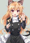  1girl animal_ears blonde_hair blush bow braid brown_eyes cat_ears cat_tail e.o. eyebrows_visible_through_hair fang hair_bow highres kirisame_marisa long_hair long_sleeves looking_at_viewer open_mouth smile solo tail touhou upper_body white_bow 