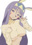  1girl absurdres animal_ears breasts closed_mouth crop_top dark_skin donguri_suzume eyebrows_visible_through_hair eyeliner facial_mark fate/grand_order fate_(series) hair_between_eyes hairband hand_on_own_chest head_tilt highres light_smile long_hair makeup nail_polish nitocris_(fate/grand_order) purple_hair ribbed_sweater simple_background sleeves_past_wrists smile solo sweater turtleneck under_boob very_long_hair violet_eyes white_background 