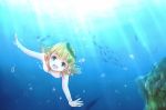  1girl air_bubble artist_request barefoot blonde_hair blue_eyes breath bubble elf fish freediving hair_ornament happy highres holding_breath jellyfish laurel_crown leaf leaf_hair_ornament leaf_on_head long_hair nude ocean open_mouth original pointy_ears swimming underwater 