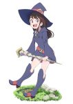  1girl :d air_0497 bangs belt blue_boots blue_dress blue_hat blunt_bangs blush boots brown_hair commentary_request dress eyebrows_visible_through_hair faux_figurine full_body grass half_updo hat highres holding holding_wand kagari_atsuko knee_boots little_witch_academia long_hair long_sleeves looking_at_viewer open_mouth red_eyes rock round_teeth short_ponytail simple_background smile solo tareme teeth wand white_background wide_sleeves witch_hat 