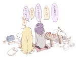  2girls alarm_clock bafarin bag blonde_hair bottle clock facing_away from_behind gabriel_dropout long_hair messy_room multiple_girls musical_note no_shoes pencil_case plastic_bag playing_games purple_hair quaver ramen school_bag table tenma_gabriel_white tissue_box translation_request trash_bag tsukinose_vignette_april very_long_hair water_bottle 