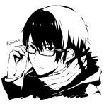  1boy adjusting_glasses arisaka_ako black_hair closed_mouth coat expressionless glasses greyscale looking_at_viewer male_focus monochrome original simple_background solo sweater turtleneck turtleneck_sweater twitter_username upper_body 