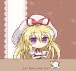  1girl artist_request bangs blonde_hair blush chibi choker commentary_request corset cup dress english hair_between_eyes hat holding holding_cup looking_at_viewer mob_cap patterned_background puffy_short_sleeves puffy_sleeves ribbon_choker saucer short_sleeves sitting smile solo teacup teapot touhou upper_body white_dress yakumo_yukari 