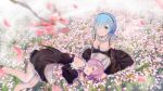  2girls alternate_costume bare_shoulders blue_eyes blue_hair blush breasts cleavage closed_eyes detached_sleeves enmaided field flower flower_field hair_ornament lap_pillow looking_at_viewer lying maid medium_breasts multiple_girls on_side pink_hair ram_(re:zero) re:zero_kara_hajimeru_isekai_seikatsu rem_(re:zero) shenhaixun sitting sleeping smile wariza x_hair_ornament 