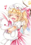  1girl blonde_hair bow closed_eyes commentary_request fang flandre_scarlet hat hat_bow heart highres hug mob_cap nora_wanko open_mouth side_ponytail smile solo stuffed_animal stuffed_bunny stuffed_toy touhou 