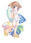  1girl bikini blue_eyes blush brown_hair child hair_bobbles hair_ornament hairband innertube looking_at_viewer navel pop sandals sign smile solo standing swimsuit 