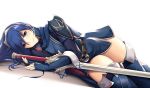  1girl armor artist_name belt blue_boots blue_cape blue_eyes blue_gloves blue_hair blush boots cape closed_mouth commentary dutch_angle elbow_gloves emblem falchion_(fire_emblem) fingerless_gloves fire_emblem fire_emblem:_kakusei gloves hair_between_eyes long_hair looking_at_viewer lucina lying on_side pauldrons shoulder_pads simple_background solo striped striped_legwear symbol-shaped_pupils tareme thigh-highs thigh_boots thigh_gap thighs tiara tony_guisado unsheathed vertical-striped_legwear vertical_stripes white_background 