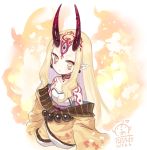  1girl :&lt; bare_shoulders belt blonde_hair capriccio fate/grand_order fate_(series) horns ibaraki_douji_(fate/grand_order) japanese_clothes kimono long_hair looking_at_viewer oni pointy_ears solo tattoo yellow_eyes 