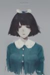  1girl absurdres aoi_ogata artist_name black_hair blue_eyes blue_shirt collared_shirt commentary copyright_name expressionless grey_background highres looking_at_viewer pale_skin peter_pan_collar pink_lips shirt short_hair signature solo south_park upper_body 