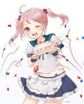 1girl ahoge artist_name blue_sailor_collar blue_skirt cake food hair_bobbles hair_ornament highres holding holding_food kantai_collection nuno_(pppompon) one_eye_closed open_mouth pink_eyes pink_hair pleated_skirt sailor_collar sazanami_(kantai_collection) school_uniform serafuku short_hair short_sleeves skirt smile solo teeth twintails 