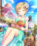  1girl aiba_yumi artist_request bangs basket blonde_hair blue_sky blush bracelet breasts chariot closed_eyes clouds collarbone dress facing_viewer flower hair_flower hair_ornament horse house idolmaster idolmaster_cinderella_girls jewelry necklace official_art puffy_short_sleeves puffy_sleeves short_hair short_sleeves sitting sky smile solo sunlight 