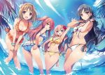  4girls arm_up armpits ass bangs bare_shoulders beach bikini black_hair blue_eyes braid breasts brown_eyes brown_hair butt_crack cleavage collarbone day eyebrows_visible_through_hair flower hair_flower hair_ornament horikita_suzune ichinose_honami_(youjitsu) jacket kushida_kikyou long_hair looking_at_viewer looking_back medium_breasts multiple_girls ocean official_art open_mouth outdoors pink_hair polka_dot polka_dot_bikini sakura_airi short_hair side-tie_bikini sky smile striped striped_bikini swimsuit tomose_shunsaku white_bikini youkoso_jitsuryoku_shijou_shugi_no_kyoushitsu_e 